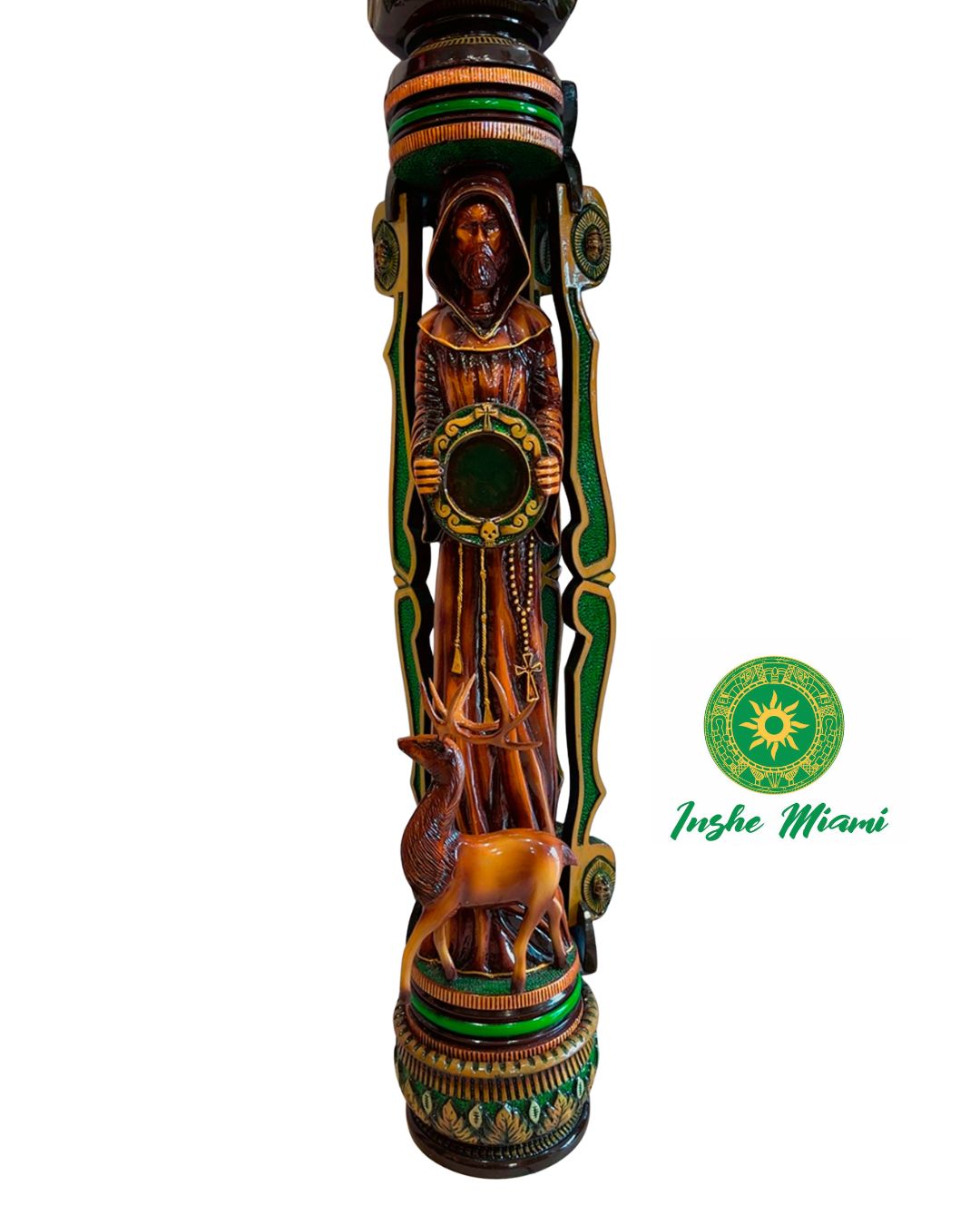 Set de Ifá Tallado en Caoba 60” – Batea y Pilón Artesanal con Venado, Sacerdote y Signos Grabados | Pieza Única Inshe Miami