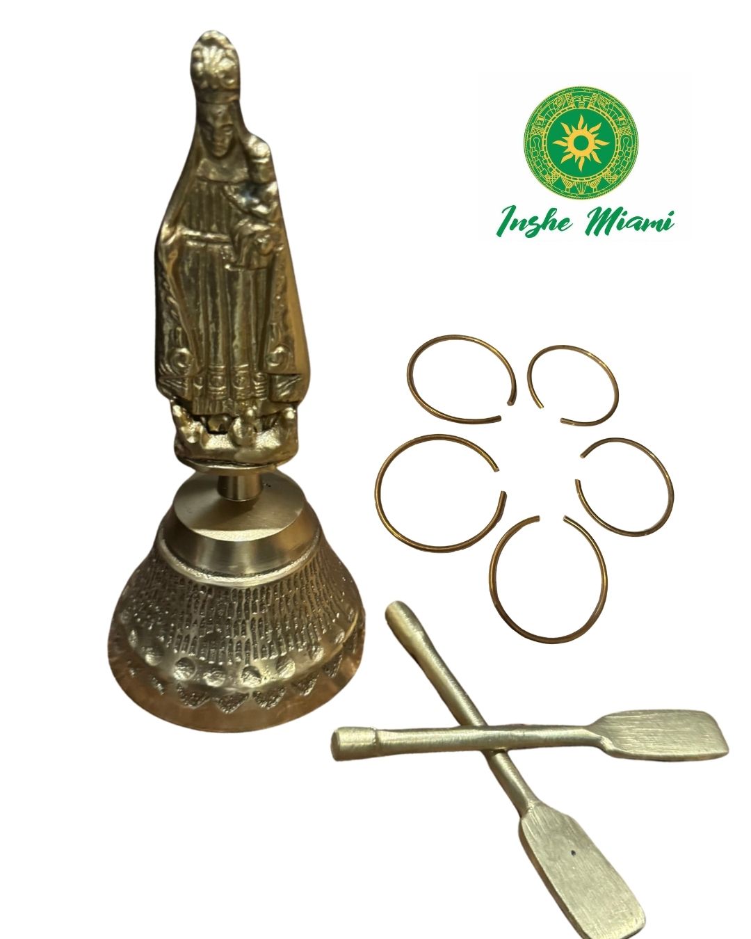 Set de Herramientas de Bronce para Oshún – Campana, 2 Remos y 5 Pulseras | Inshe Miami