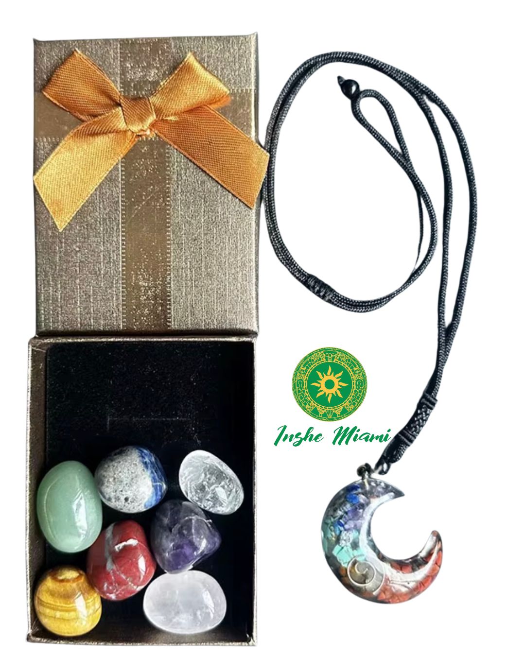 Kit de Piedras con Collar de Luna 7 Chakras – Set Espiritual en Caja de Regalo | Inshe Miami