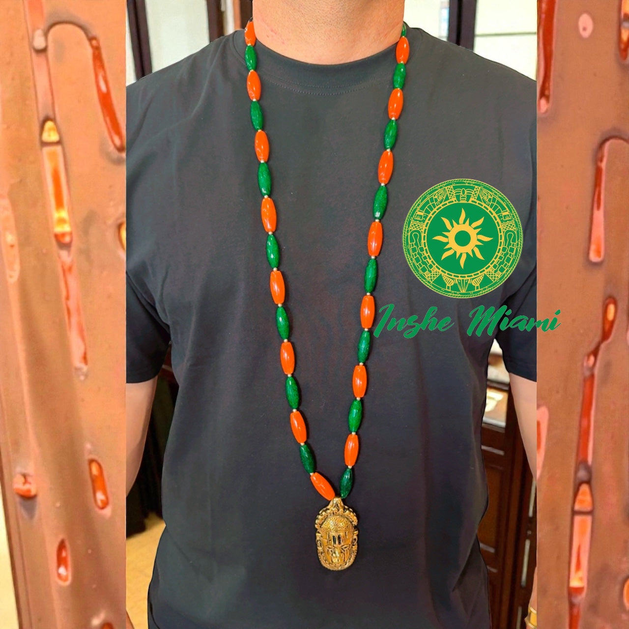 Collar Ifá Real con Cuentas de Piedra y Dije de Cabeza Yoruba