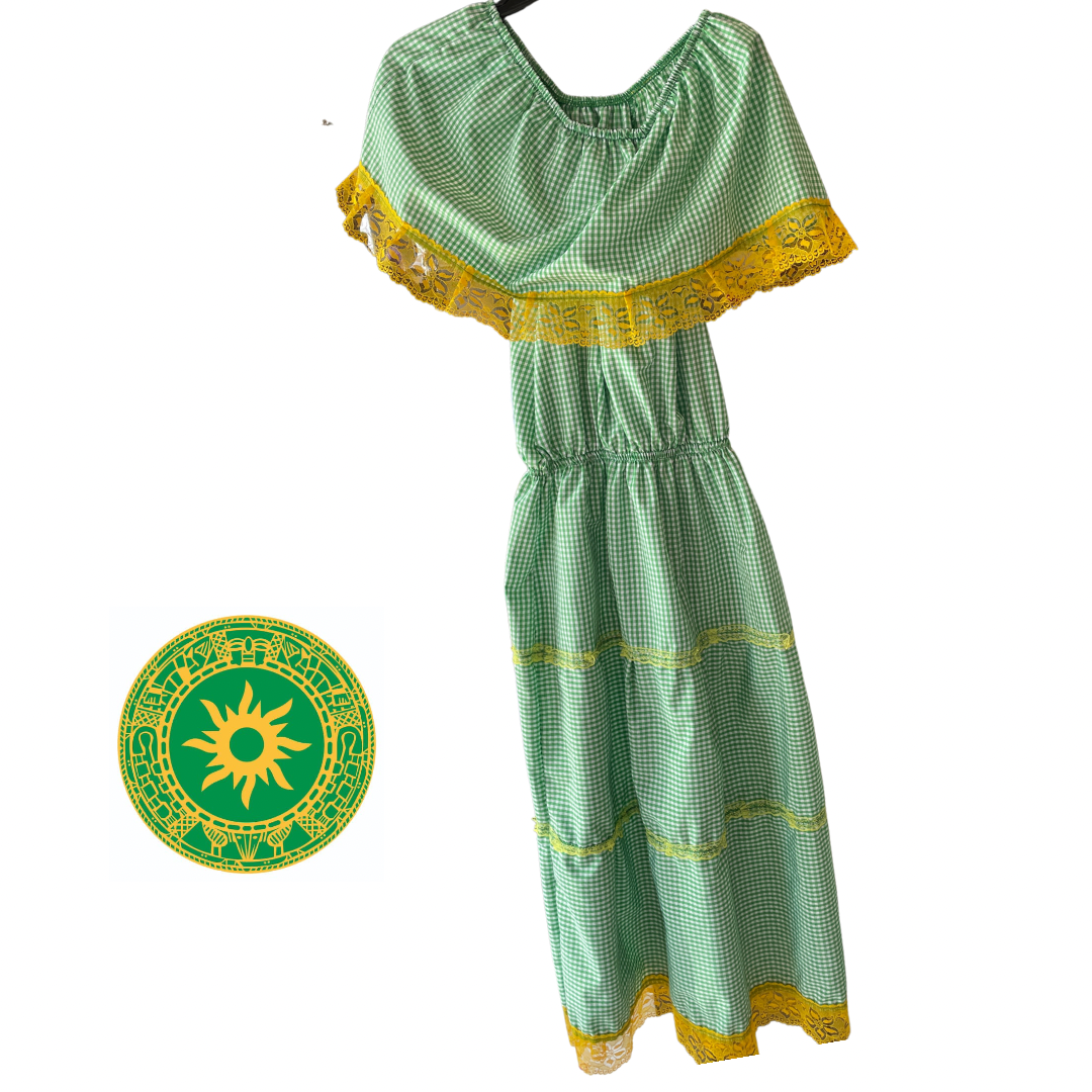 VESTIDO DE GINGA AMARILLA Y VERDE