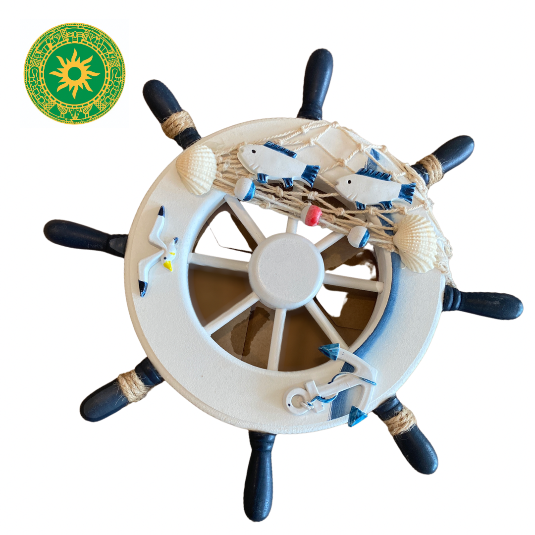 Timón de Barco Decorativo – 9" en Madera e Hilo
