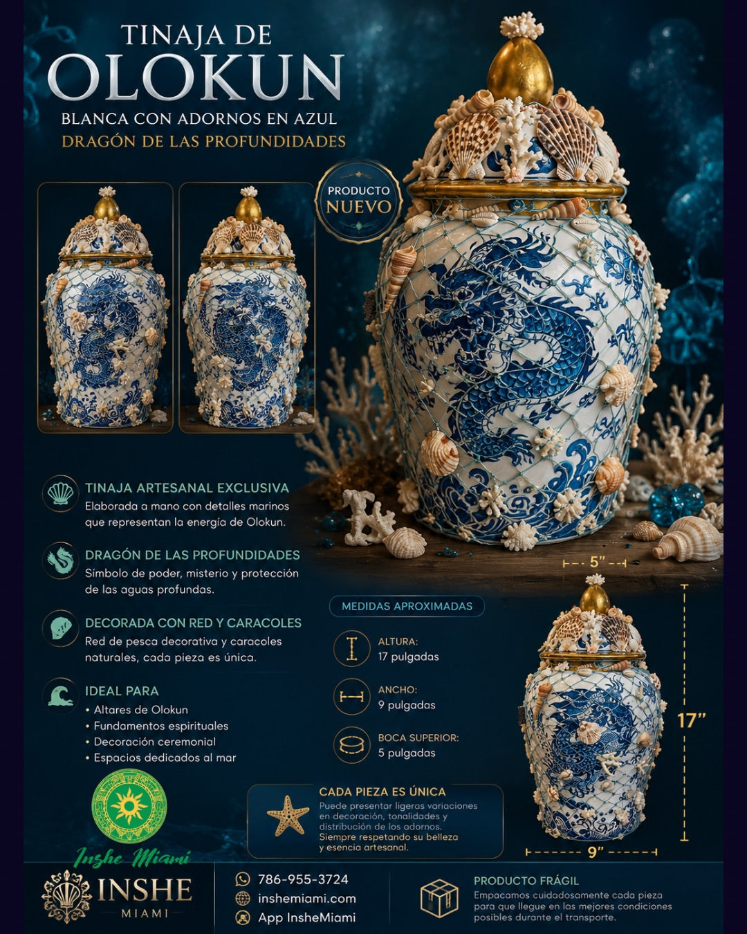 Tinaja de Olokun Decorada con Red y Caracoles – Sopera Artesanal del Mar | Inshe Miami