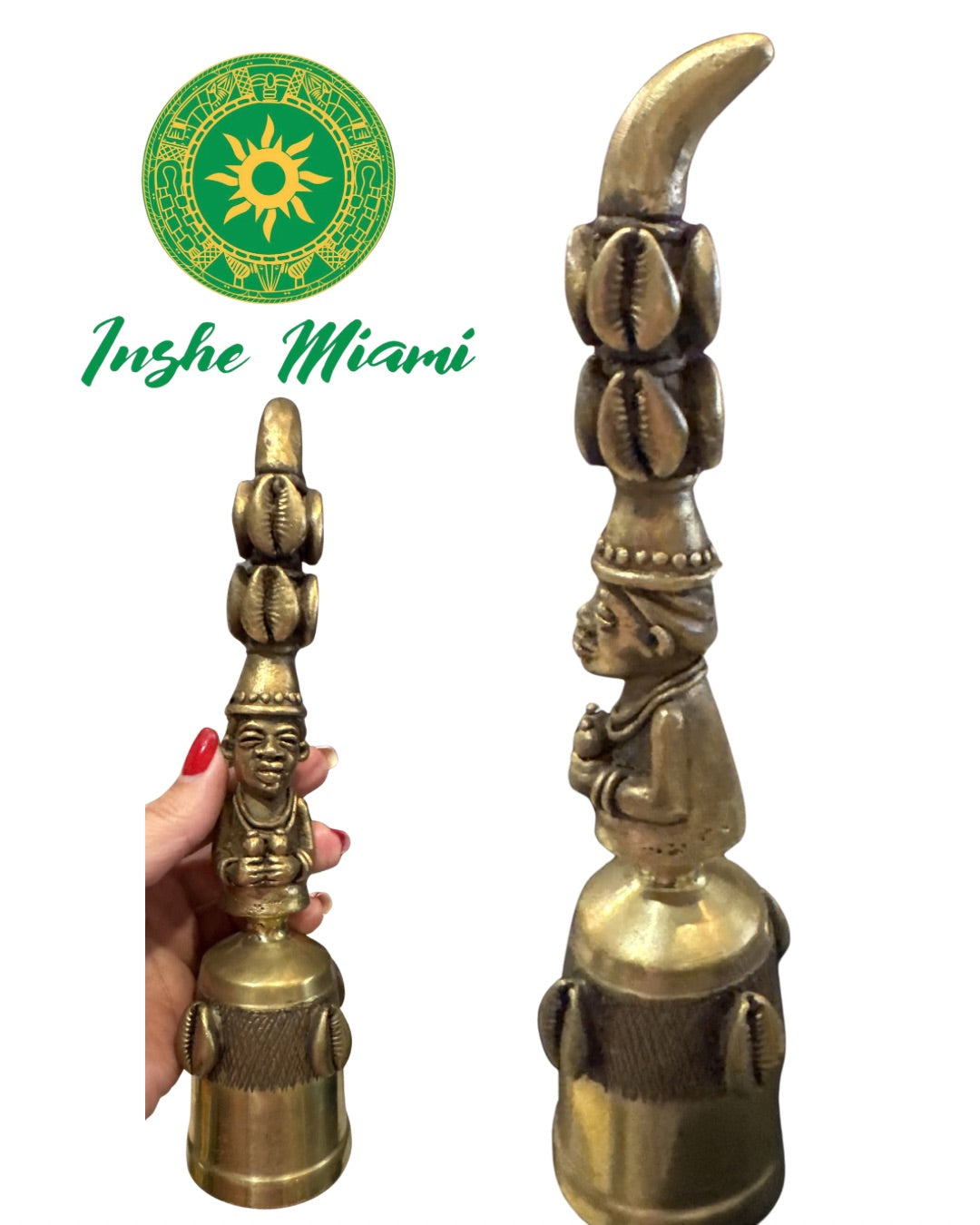 Iroke Ide de Bronce con Figura Apetebí – Campana Tradicional de Orunmila Ifá