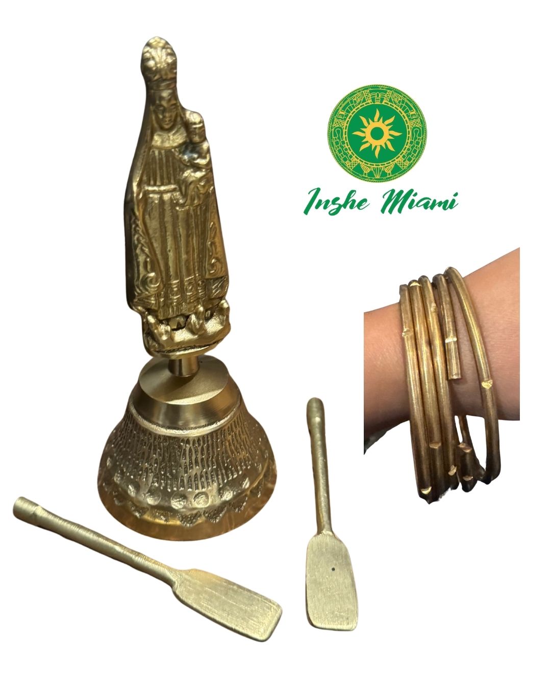 Set de Herramientas de Bronce para Oshún – Campana, 2 Remos y 5 Pulseras | Inshe Miami
