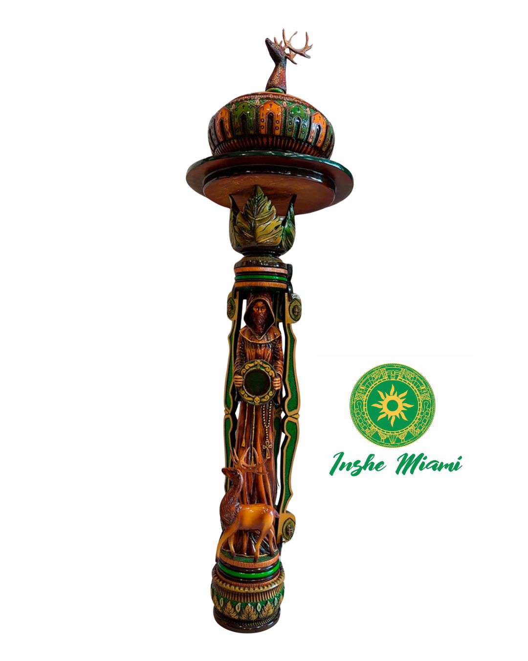 Set de Ifá Tallado en Caoba 60” – Batea y Pilón Artesanal con Venado, Sacerdote y Signos Grabados | Pieza Única Inshe Miami