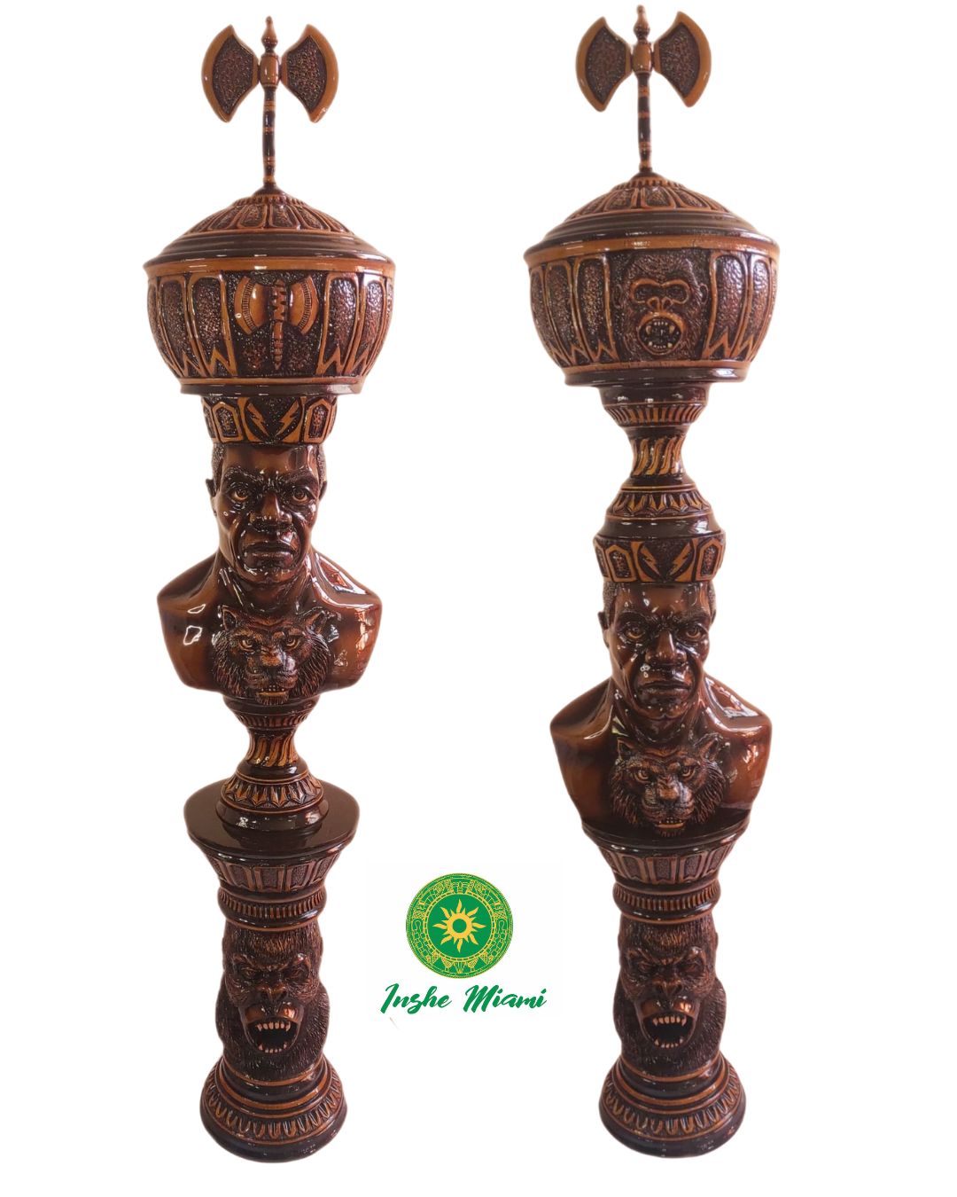 Escultura Monumental de Changó en Caoba Maciza – Columna Yoruba Africana de Más de 2 Metros con Hachas Dobles (Oshe) – Pieza Premium para Altar