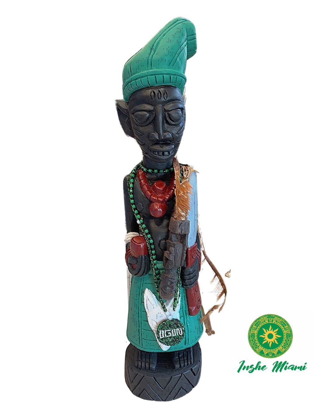 Icono de Ogun 34” en Madera Tallada a Mano – Figura Tradicional Africana con Apiru e Irukere Ritual – Artesanía Yoruba Auténtica