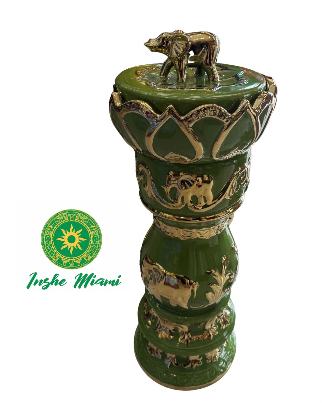 Pedestal y Sopera Verde y Dorado con Elefante