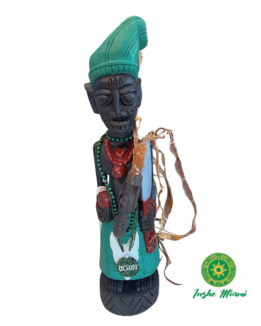 Icono de Ogun 34” en Madera Tallada a Mano – Figura Tradicional Africana con Apiru e Irukere Ritual – Artesanía Yoruba Auténtica