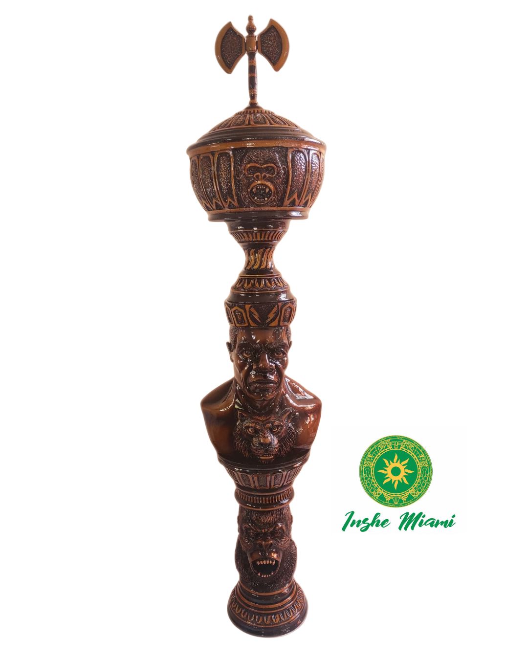 Escultura Monumental de Changó en Caoba Maciza – Columna Yoruba Africana de Más de 2 Metros con Hachas Dobles (Oshe) – Pieza Premium para Altar