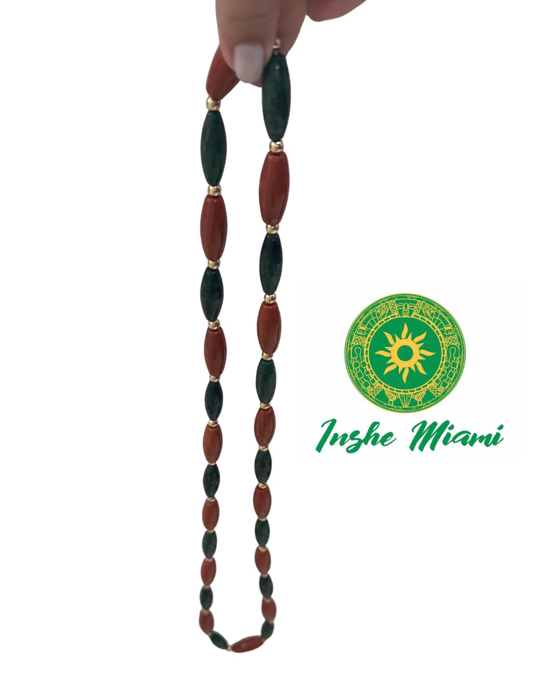 Collar Ifa con Cuentas de Piedra – Collar Tradicional de Orunmila | Verde y Marrón con Separadores Dorados