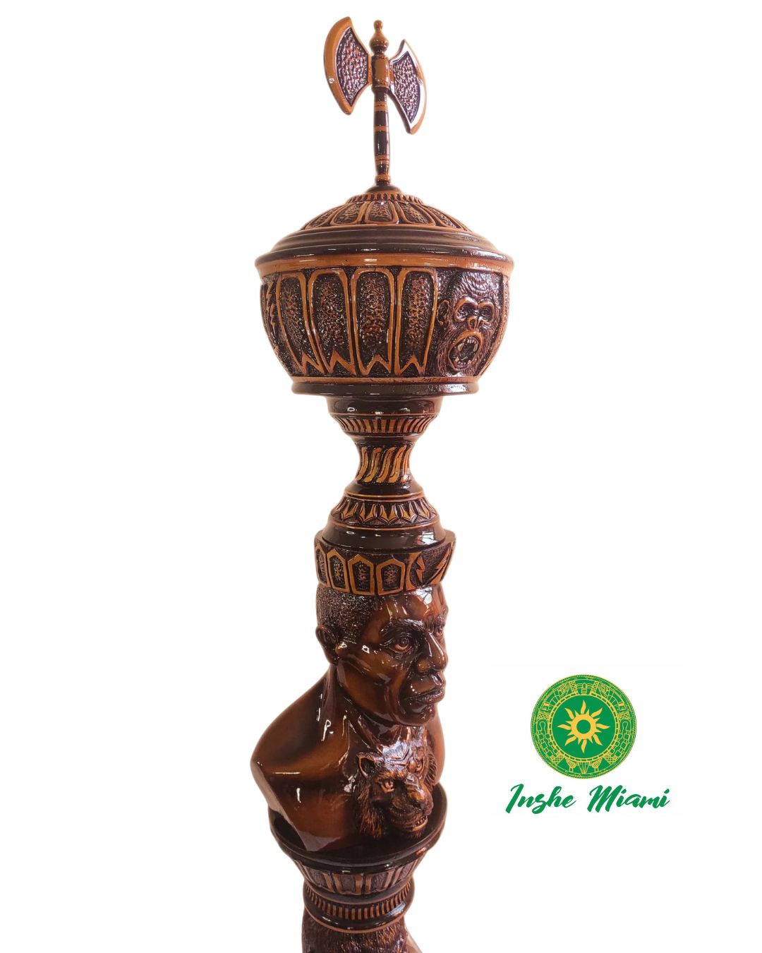 Escultura Monumental de Changó en Caoba Maciza – Columna Yoruba Africana de Más de 2 Metros con Hachas Dobles (Oshe) – Pieza Premium para Altar