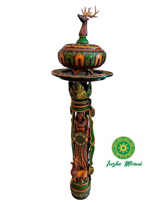 Set de Ifá Tallado en Caoba 60” – Batea y Pilón Artesanal con Venado, Sacerdote y Signos Grabados | Pieza Única Inshe Miami