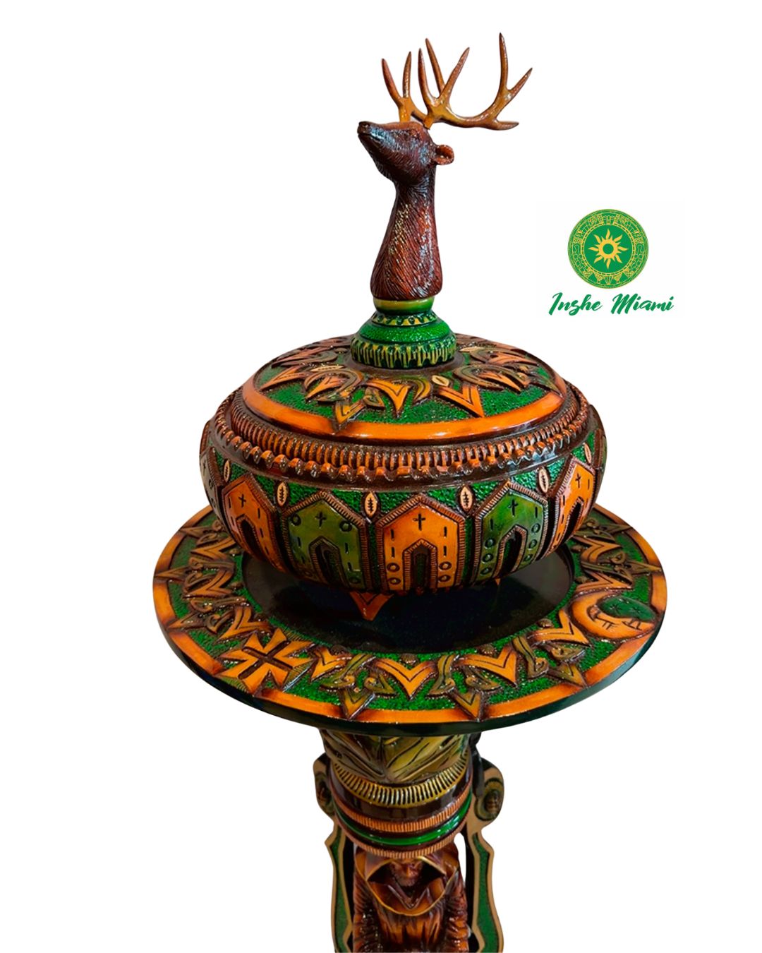 Set de Ifá Tallado en Caoba 60” – Batea y Pilón Artesanal con Venado, Sacerdote y Signos Grabados | Pieza Única Inshe Miami