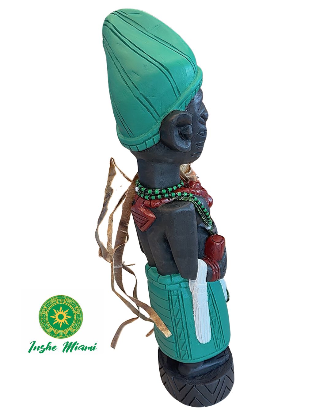 Icono de Ogun 34” en Madera Tallada a Mano – Figura Tradicional Africana con Apiru e Irukere Ritual – Artesanía Yoruba Auténtica