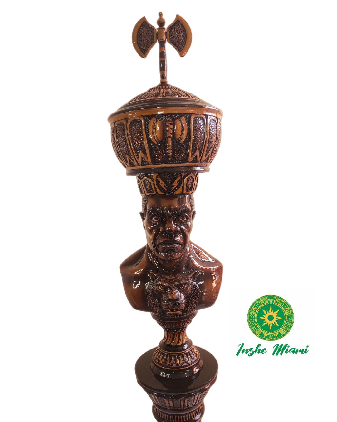 Escultura Monumental de Changó en Caoba Maciza – Columna Yoruba Africana de Más de 2 Metros con Hachas Dobles (Oshe) – Pieza Premium para Altar