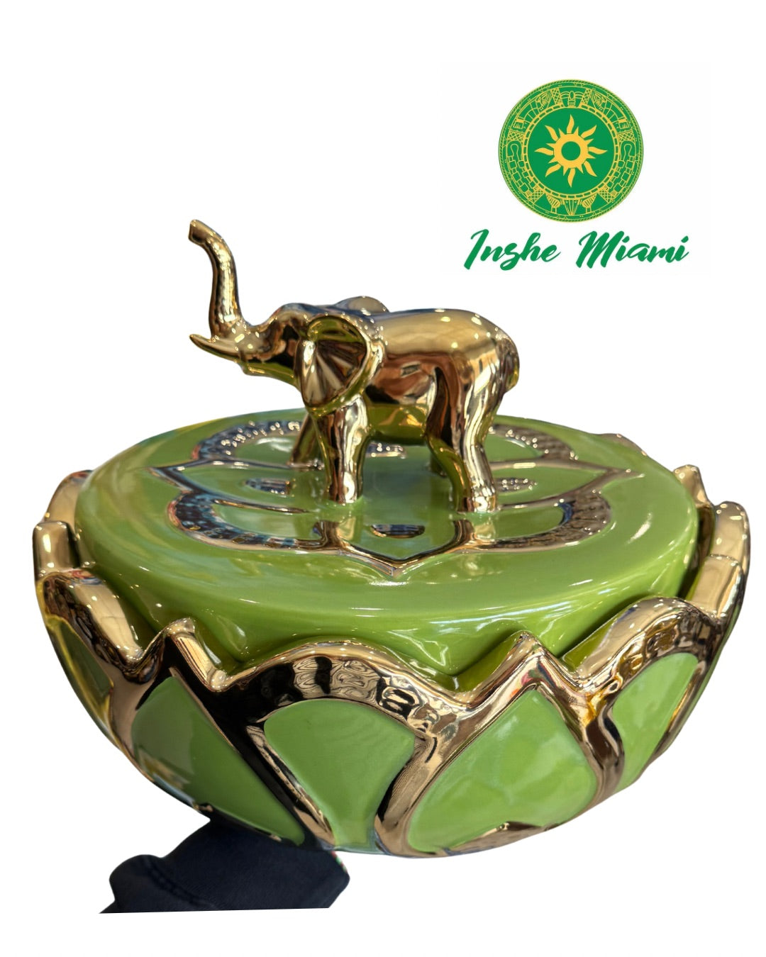 Pedestal y Sopera Verde y Dorado con Elefante