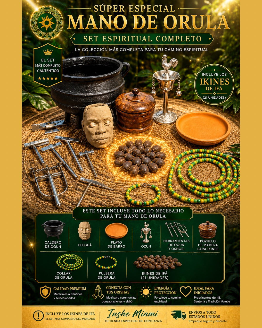 Combo Profesional Mano de Orula y Guerreros – Set Completo con 21 Ikines, Elegua, Ozun y Herramientas de Ogun