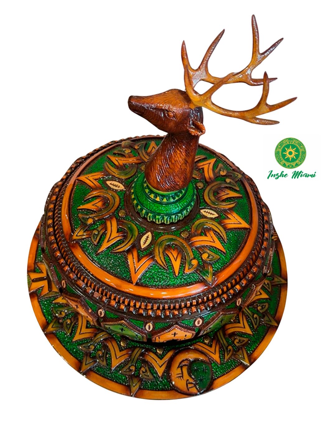 Set de Ifá Tallado en Caoba 60” – Batea y Pilón Artesanal con Venado, Sacerdote y Signos Grabados | Pieza Única Inshe Miami