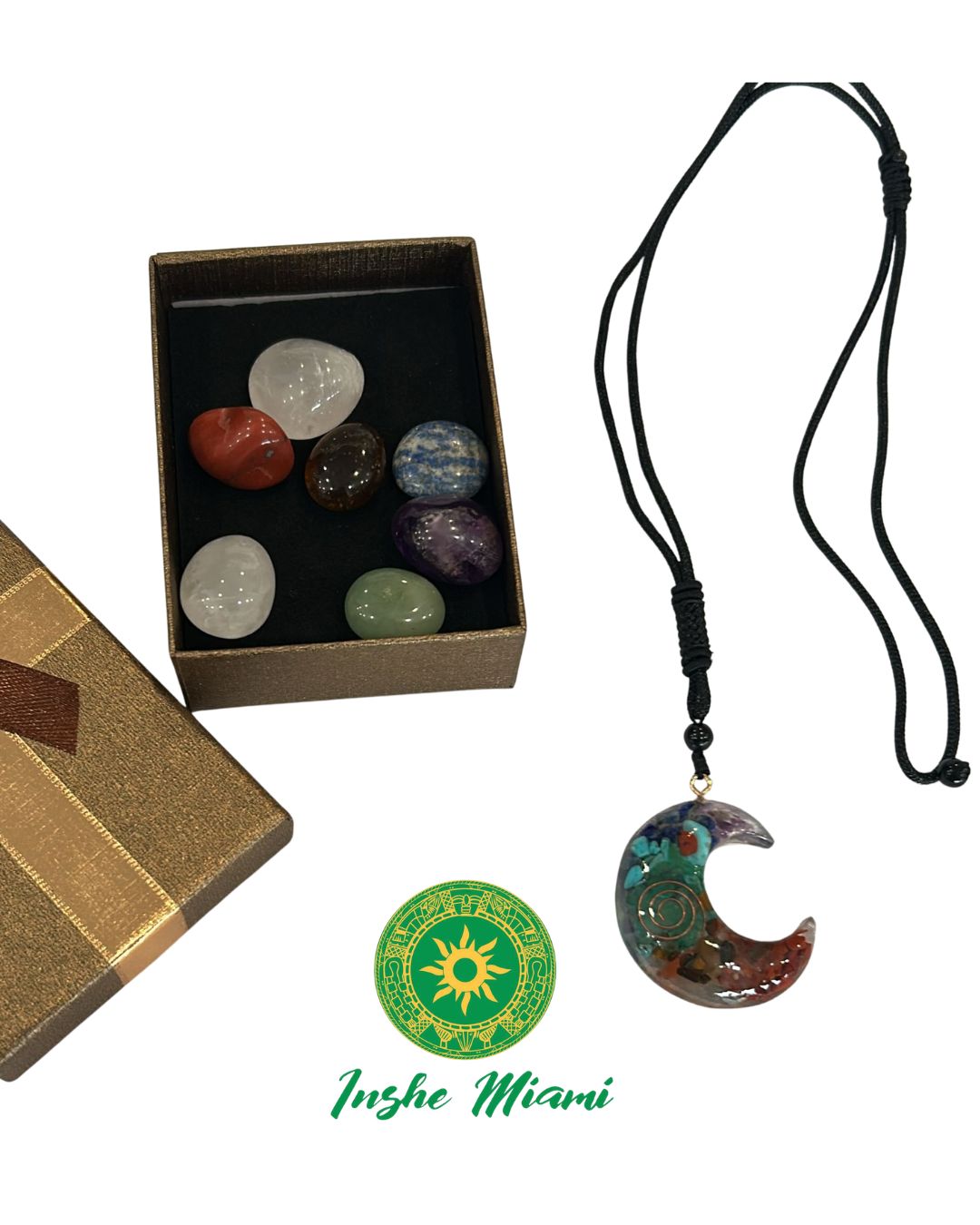 Kit de Piedras con Collar de Luna 7 Chakras – Set Espiritual en Caja de Regalo | Inshe Miami