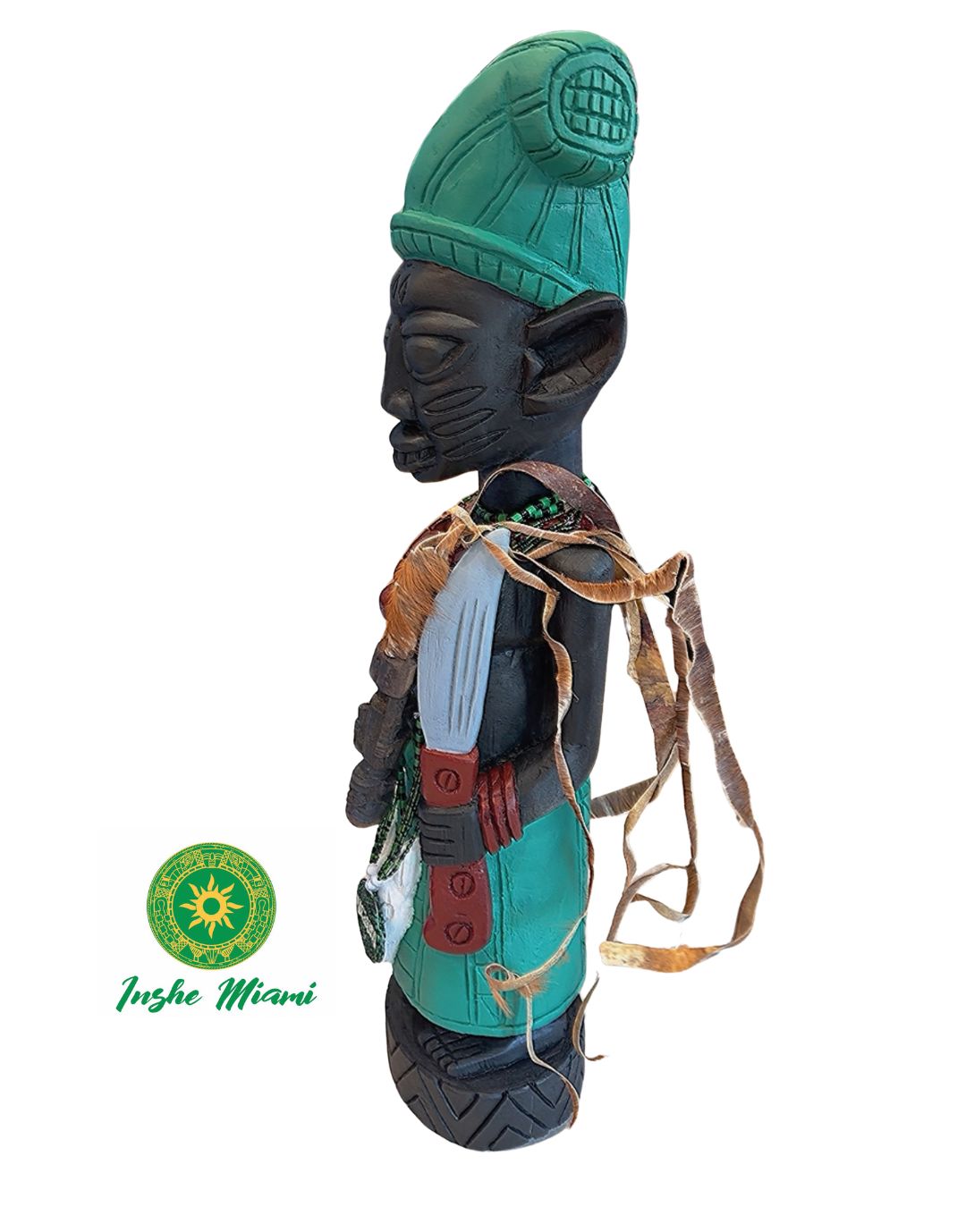 Icono de Ogun 34” en Madera Tallada a Mano – Figura Tradicional Africana con Apiru e Irukere Ritual – Artesanía Yoruba Auténtica
