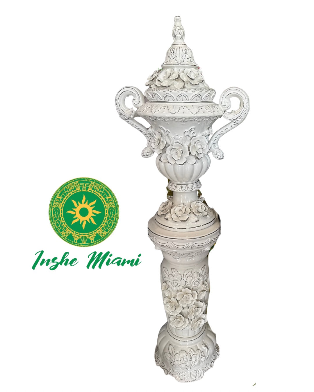Juego de Pedestal y Potiche Ánfora con Flores 63” – Set Grande Decorativo | Inshe Miami