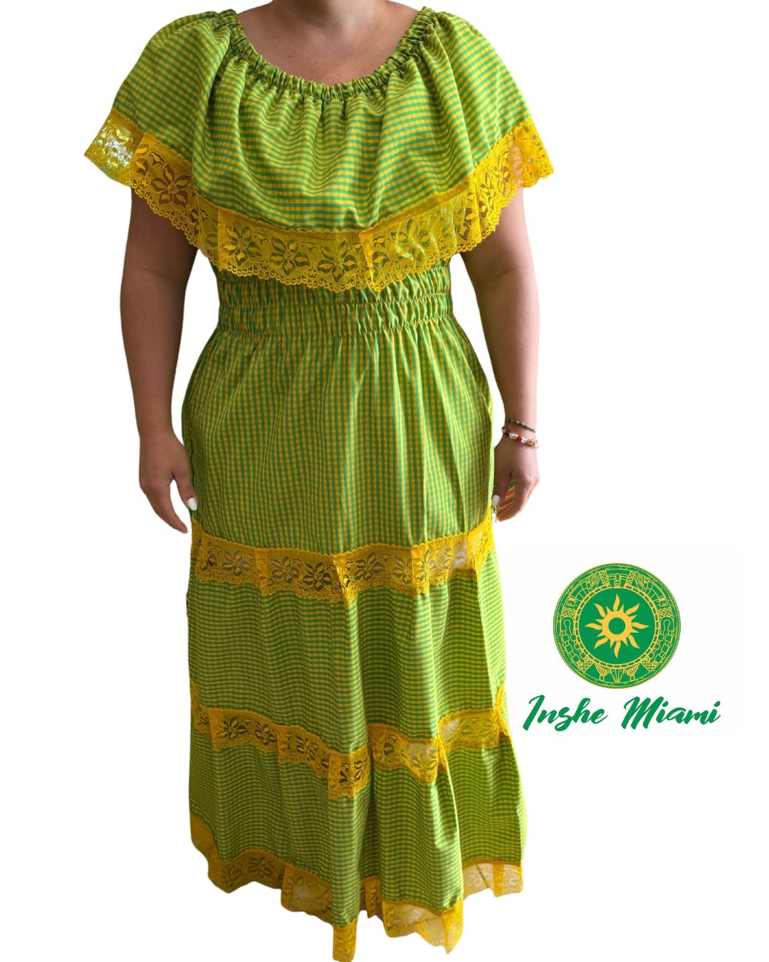 VESTIDO DE GINGA AMARILLA Y VERDE