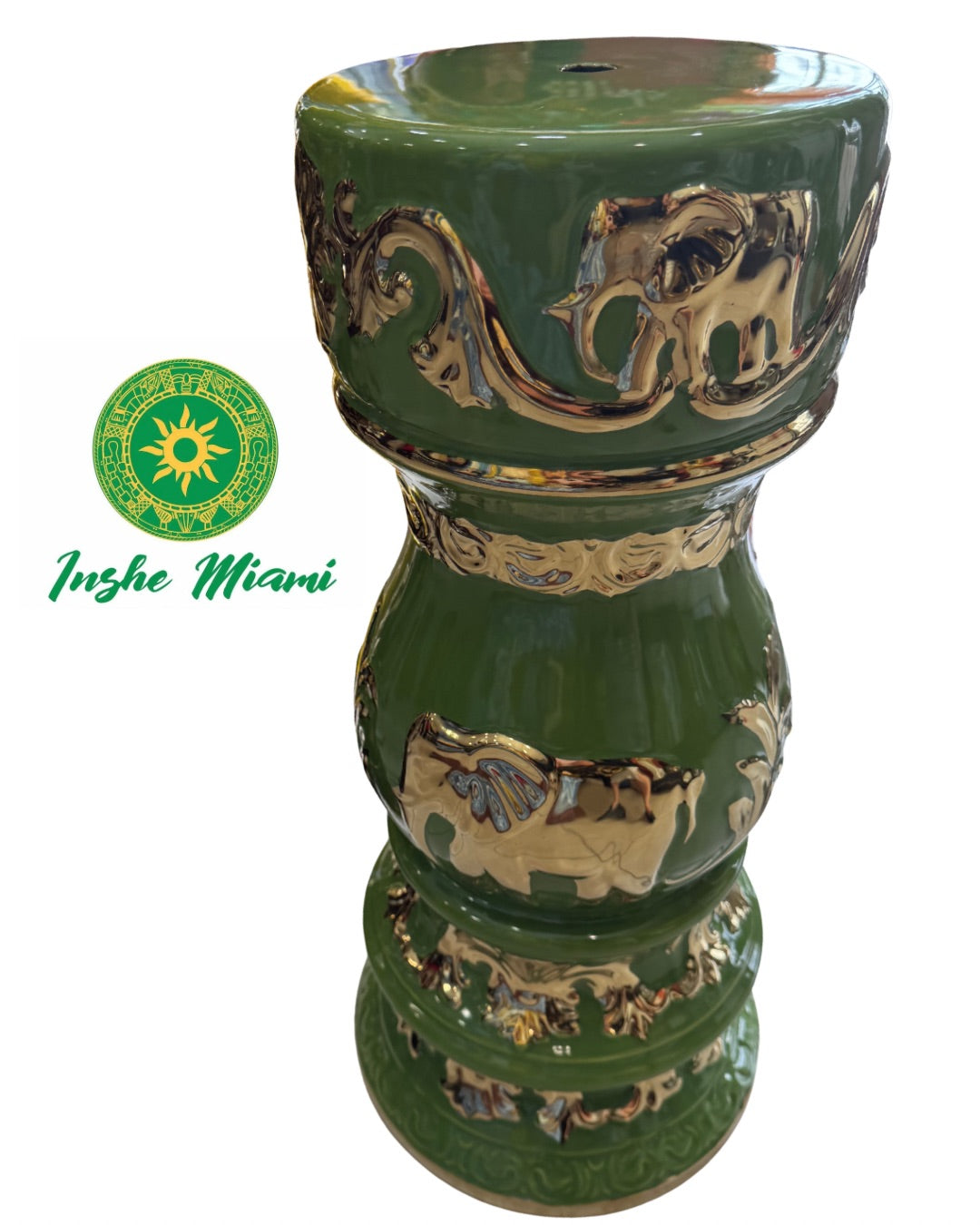 Pedestal y Sopera Verde y Dorado con Elefante