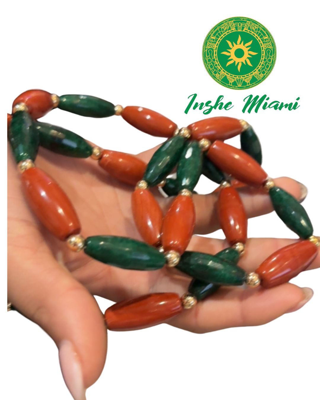 Collar Ifa con Cuentas de Piedra – Collar Tradicional de Orunmila | Verde y Marrón con Separadores Dorados