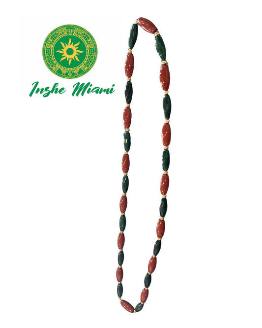 Collar Ifa con Cuentas de Piedra – Collar Tradicional de Orunmila | Verde y Marrón con Separadores Dorados