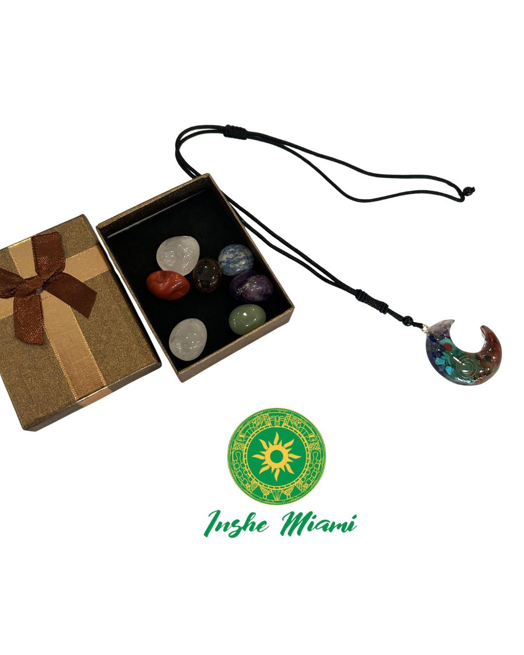 Kit de Piedras con Collar de Luna 7 Chakras – Set Espiritual en Caja de Regalo | Inshe Miami