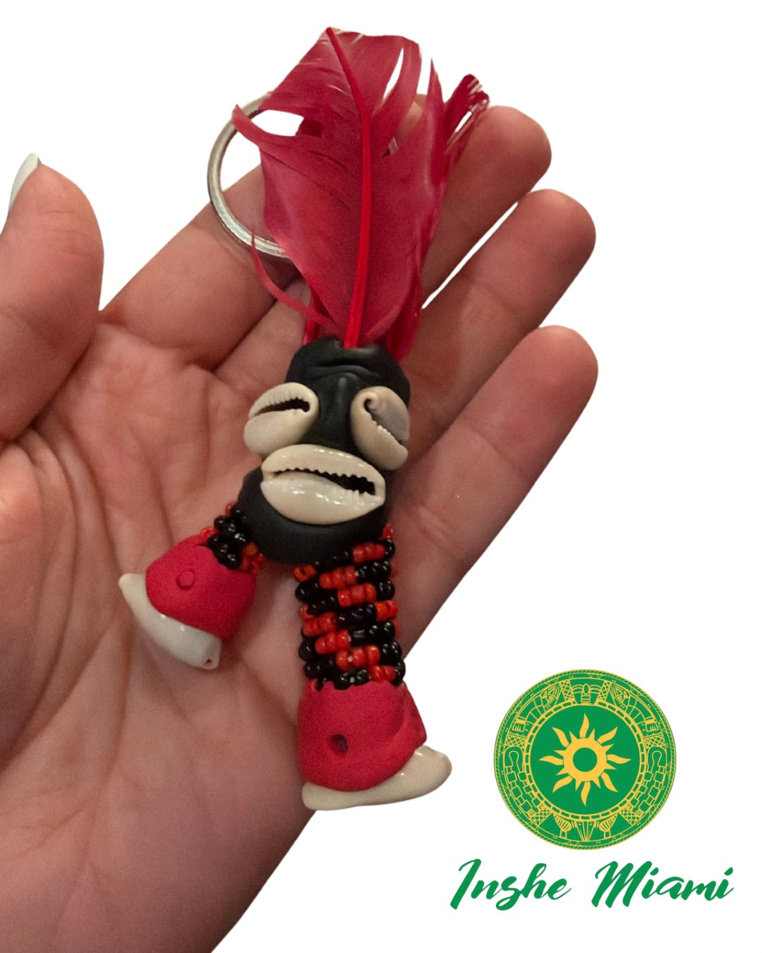 Eleguá Keychain with Garabato – Handcrafted with Cowrie Shells and Feather | Inshe Miami