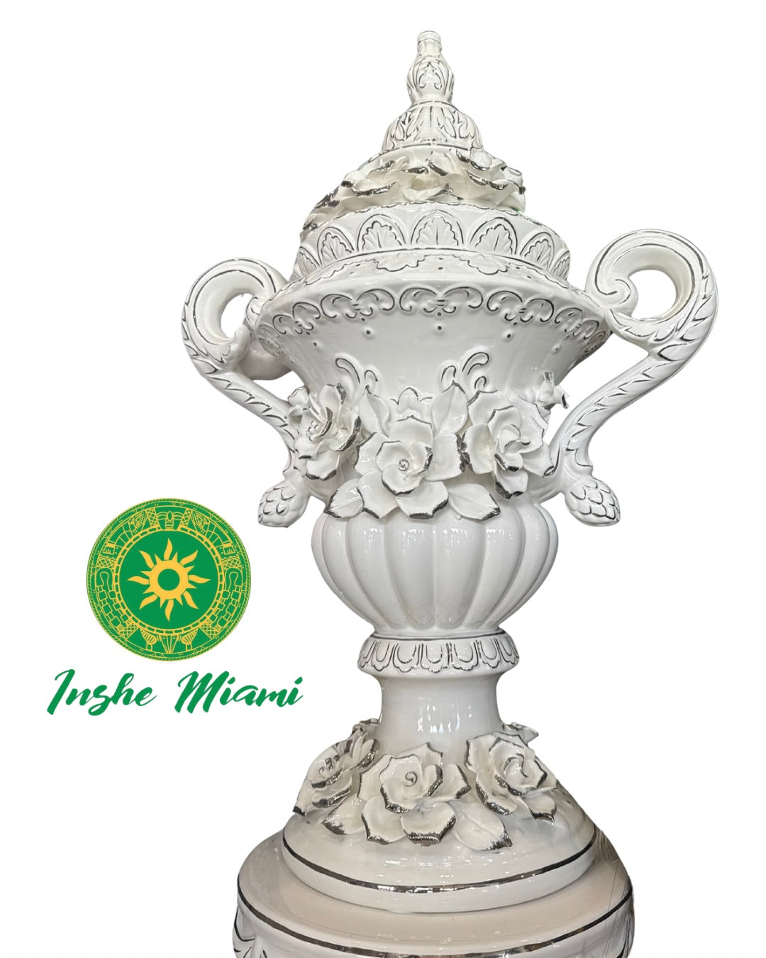 Juego de Pedestal y Potiche Ánfora con Flores 63” – Set Grande Decorativo | Inshe Miami