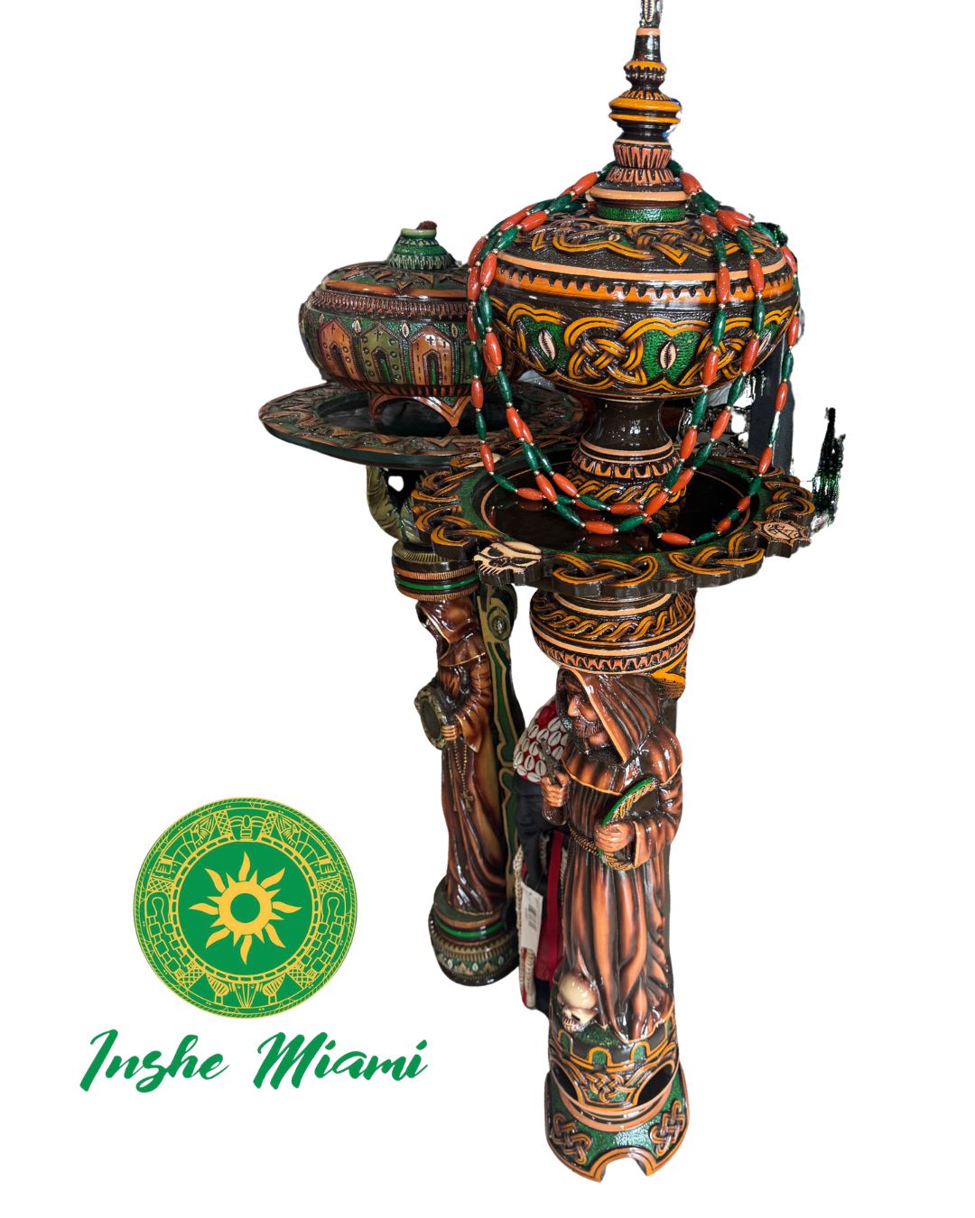 Collar Ifa con Cuentas de Piedra – Collar Tradicional de Orunmila | Verde y Marrón con Separadores Dorados