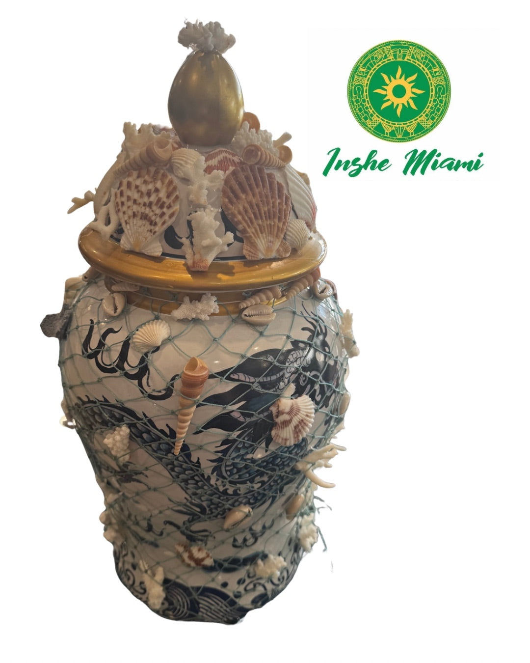 Tinaja de Olokun Decorada con Red y Caracoles – Sopera Artesanal del Mar | Inshe Miami