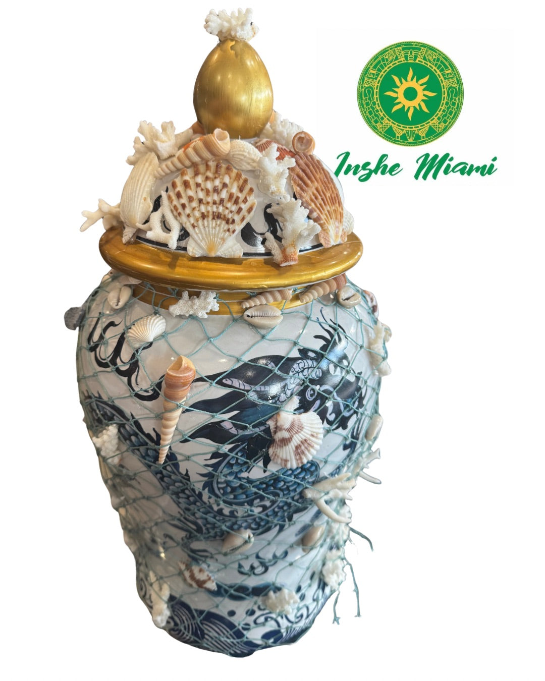 Tinaja de Olokun Decorada con Red y Caracoles – Sopera Artesanal del Mar | Inshe Miami