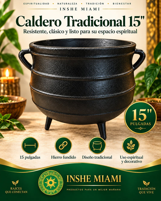 Caldero de Hierro 15” para Ogun – Caldero Espiritual Extra Grande Profesional para Guerreros, Egun y Prendas (Hierro Fundido)