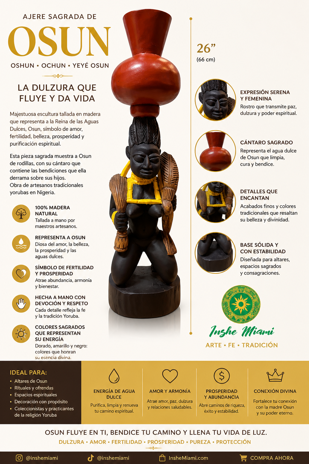 Icono de Oshun Tallada en Madera 26” – Escultura Yoruba de Osun/Ochún