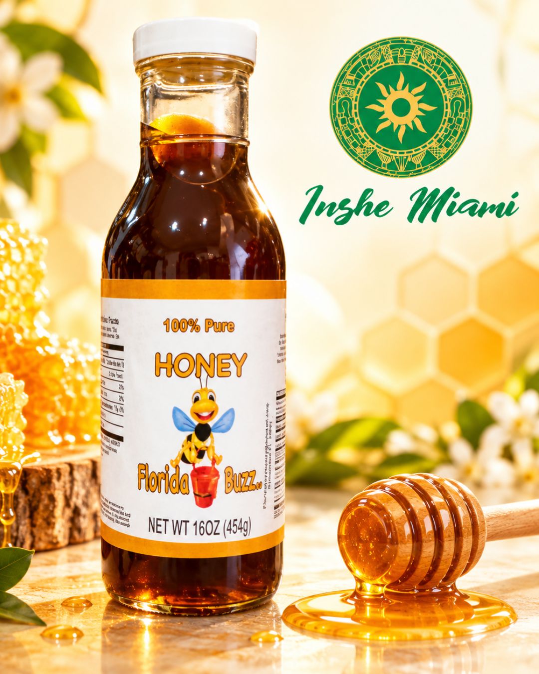 Miel 16 oz Natural de Abejas – Botella de Cristal |Uso Alimenticio y Tradicional Religioso| Inshe Miami