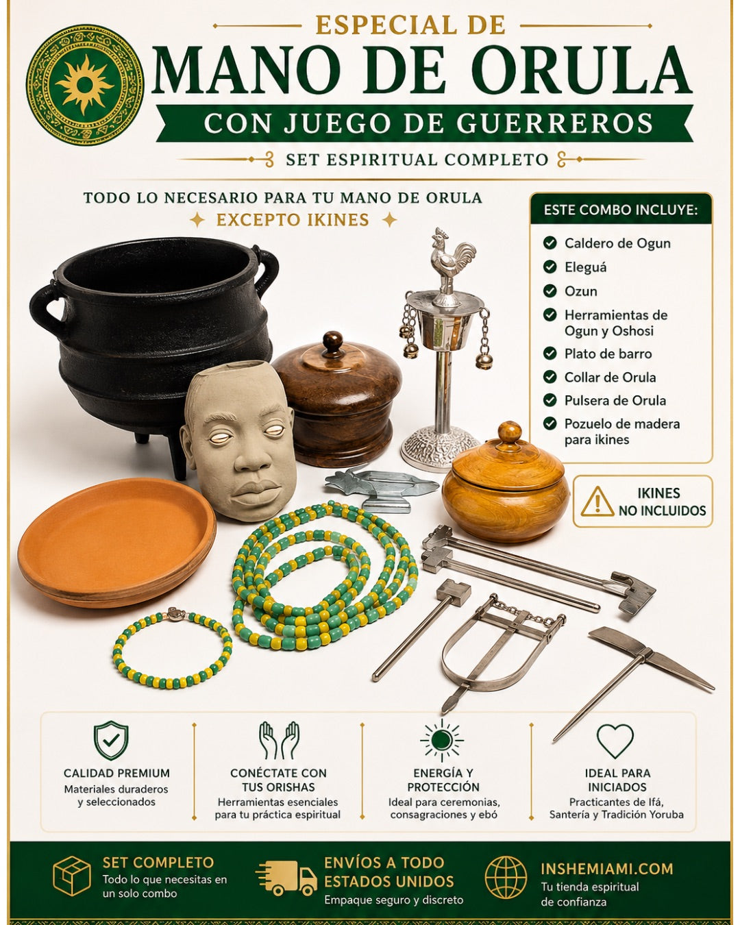 Combo Completo de Mano de Orula y Juego de Guerreros (Set Espiritual Completo con Elegua, Ozun, Herramientas y Caldero)