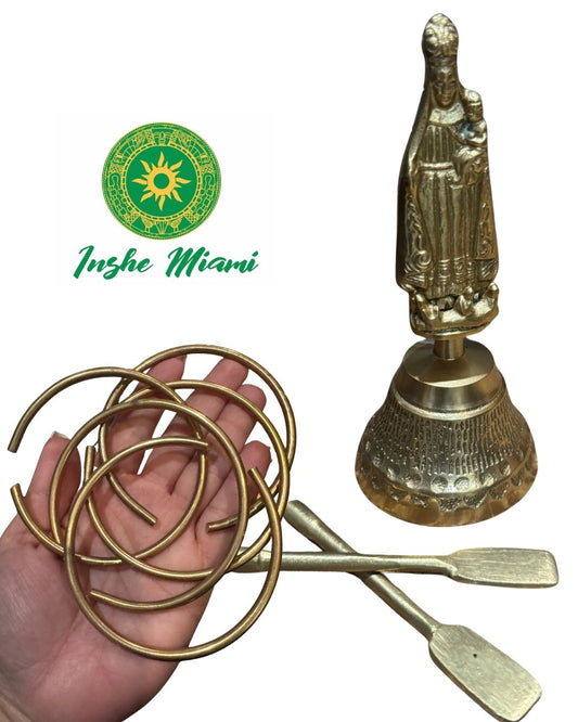 Set de Herramientas de Bronce para Oshún – Campana, 2 Remos y 5 Pulseras | Inshe Miami