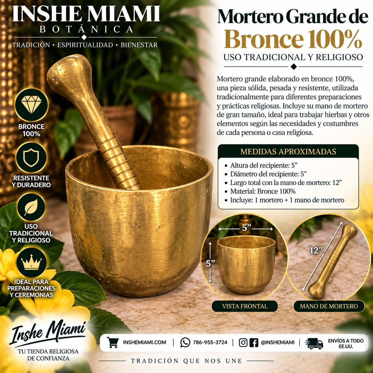 Mortero Grande de Bronce 100% – Uso Tradicional y Religioso | Inshe Miami