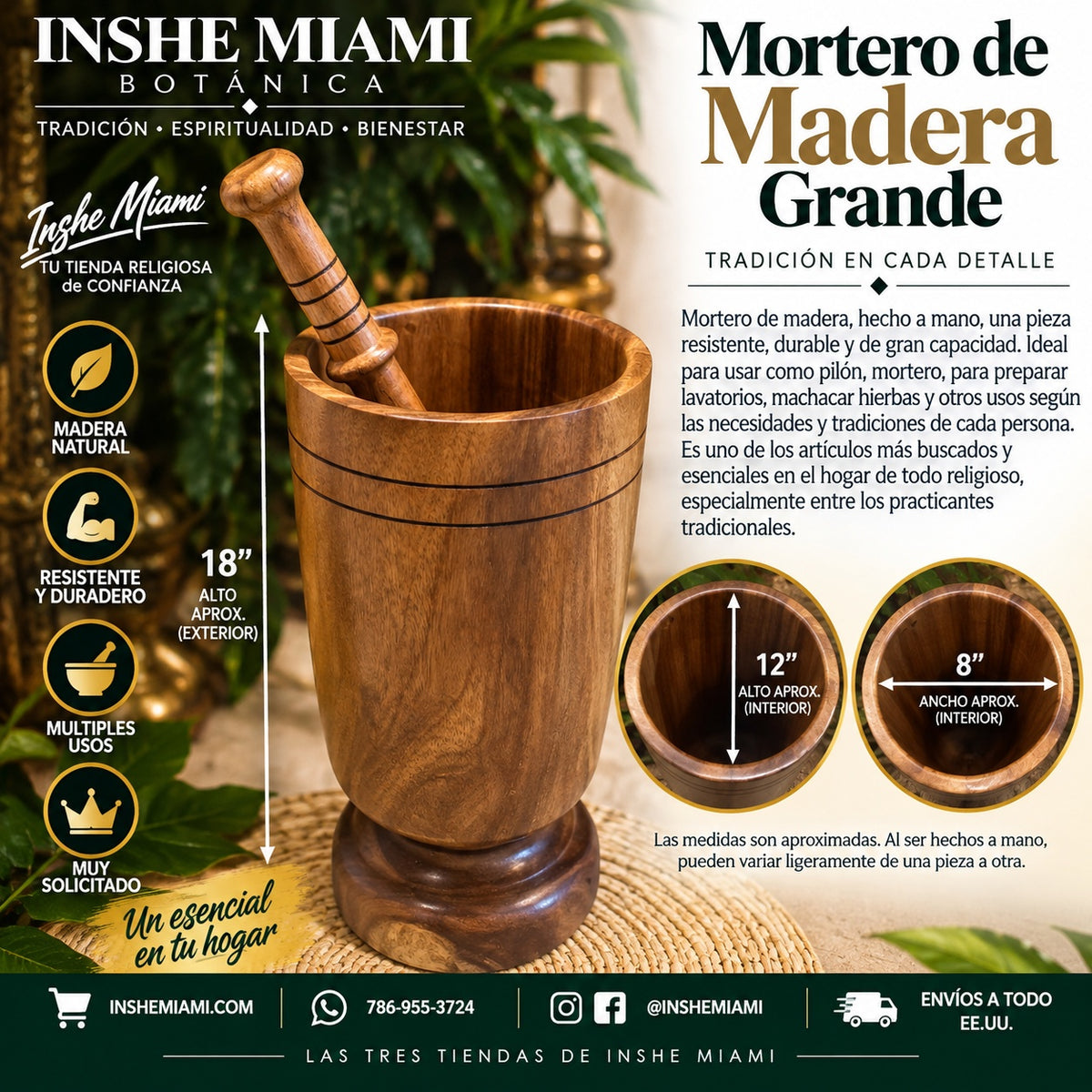 Mortero de Madera Grande 18" – Pilón Tradicional Hecho a Mano | Inshe Miami