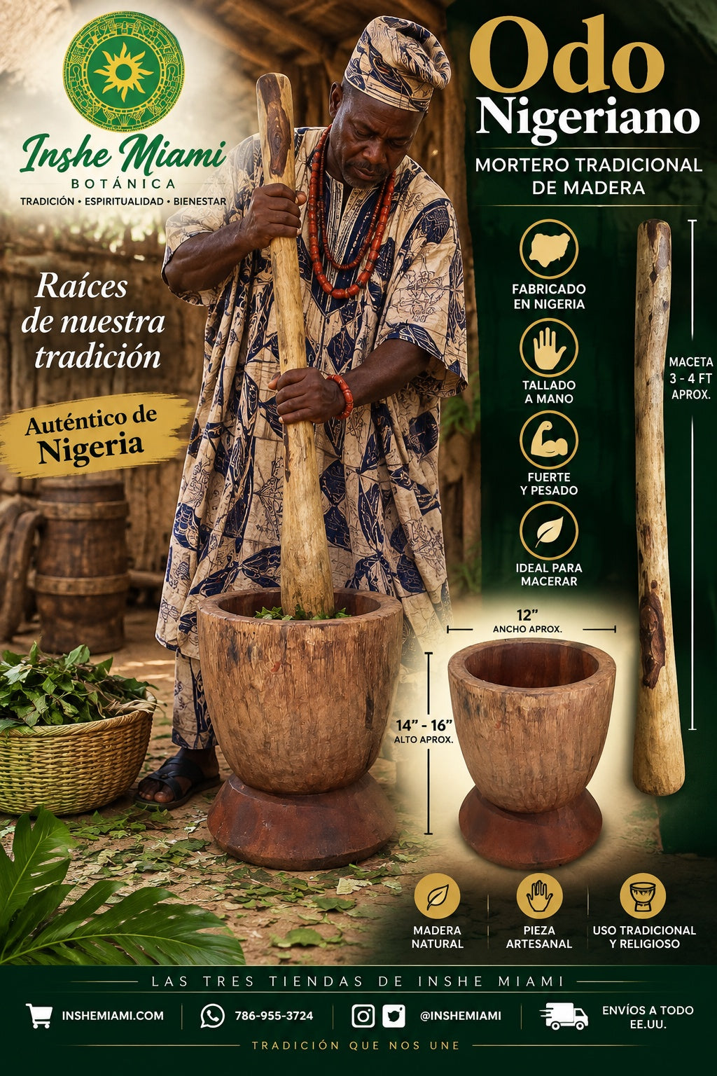 Odo Nigeriano – Mortero Tradicional de Madera Tallado a Mano | Inshe Miami