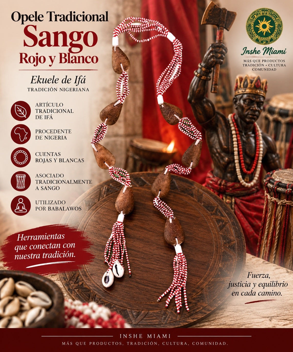 Opele Tradicional Nigeriano Sango Rojo y Blanco – Ekuele de Ifá | Inshe Miami