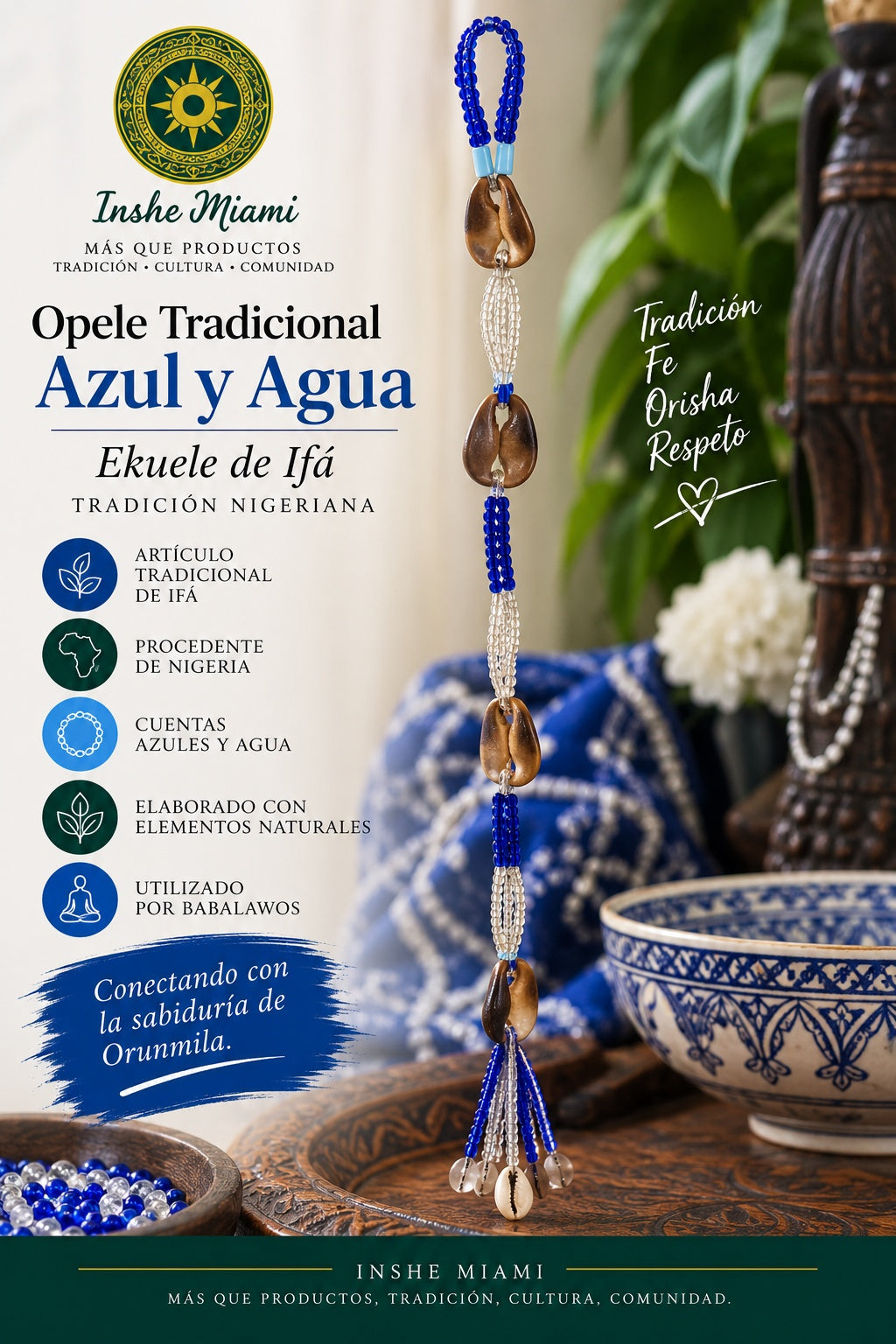 Traditional Opele with Blue Beads and Water