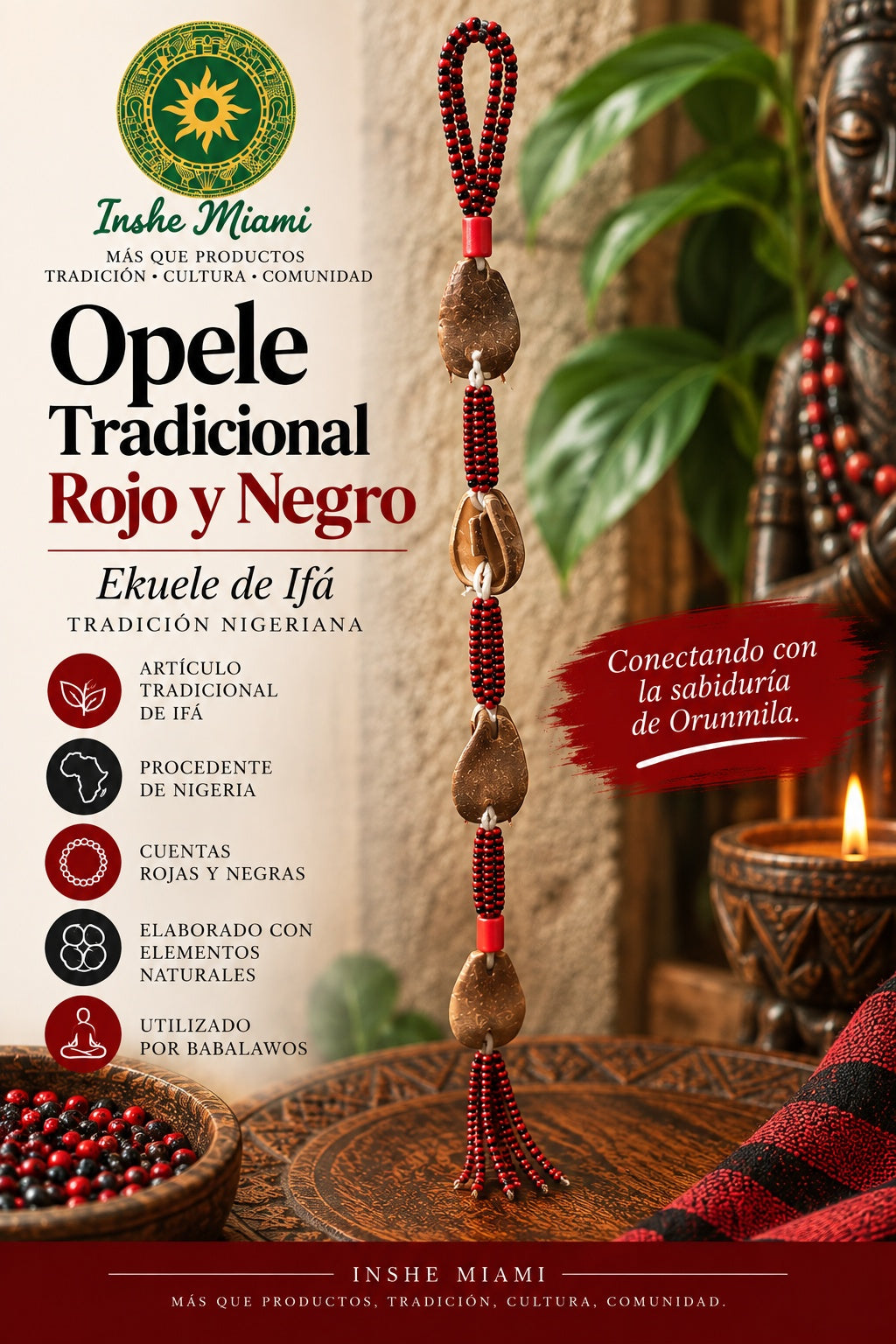 Opele Tradicional Nigeriano Rojo y Negro – Ekuele de Ifá | Inshe Miami
