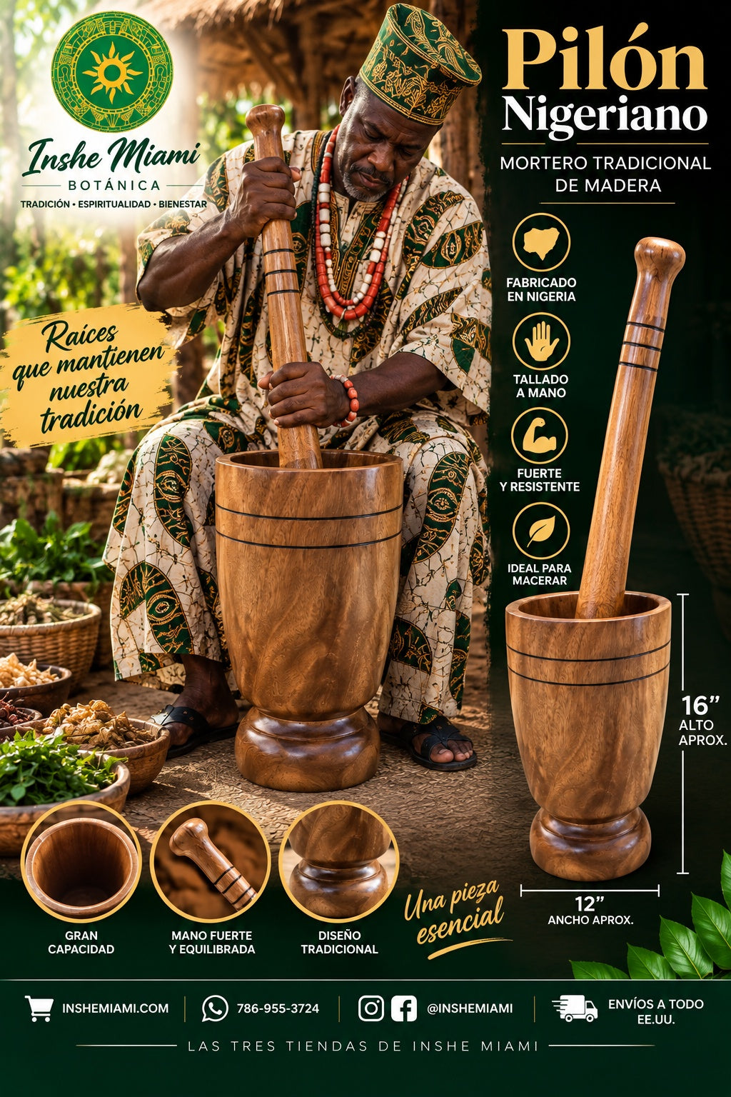 Mortero de Madera Grande 18" – Pilón Tradicional Hecho a Mano | Inshe Miami
