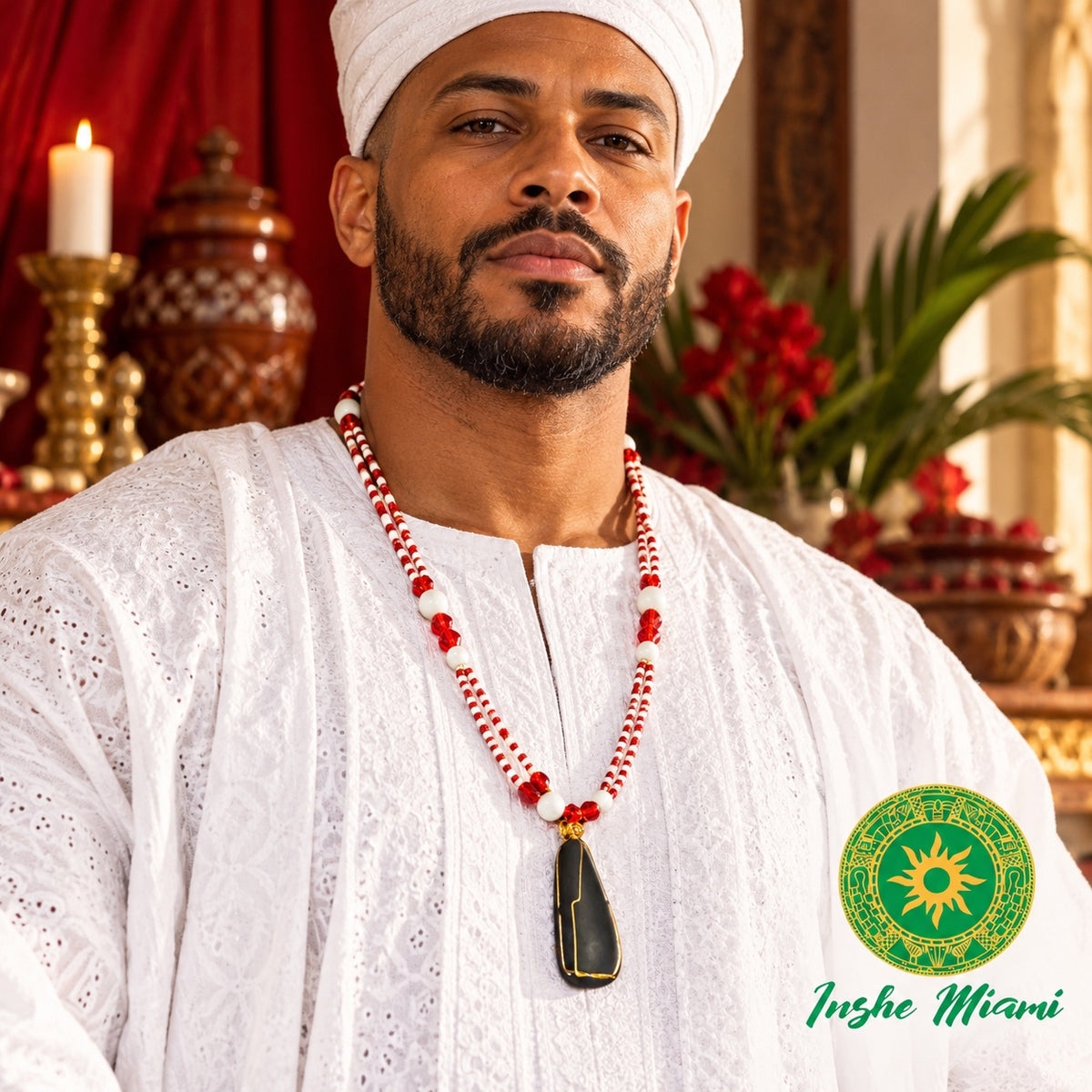 Changó Necklace with Lightning Stone – Red and White | Inshe Miami
